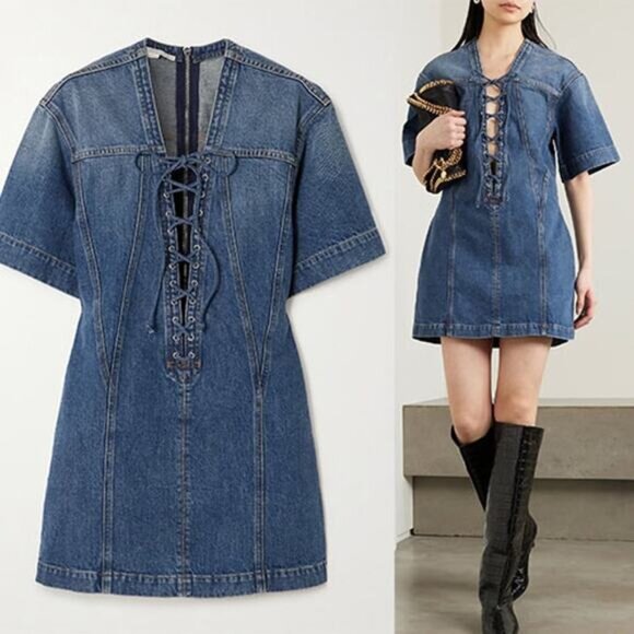 Stella McCartney Dresses & Skirts - NWT Stella McCartney Lace Detail Short Sleeve Denim Mini Dress Blue Size: Large
